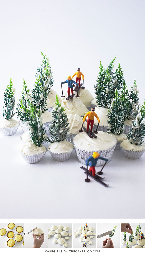 Ski Scene Cupcakes are a wintry dessert that's super easy to create at home for winter birthdays and snow themed parties. By Cakegirls for TheCakeBlog.com