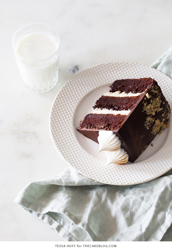 S'mores Cake - s'more inspired layer cake recipe with chocolate cake, graham cracker buttercream, chocolate ganache and toasted marshmallow meringue | by Tessa Huff for TheCakeBlog.com