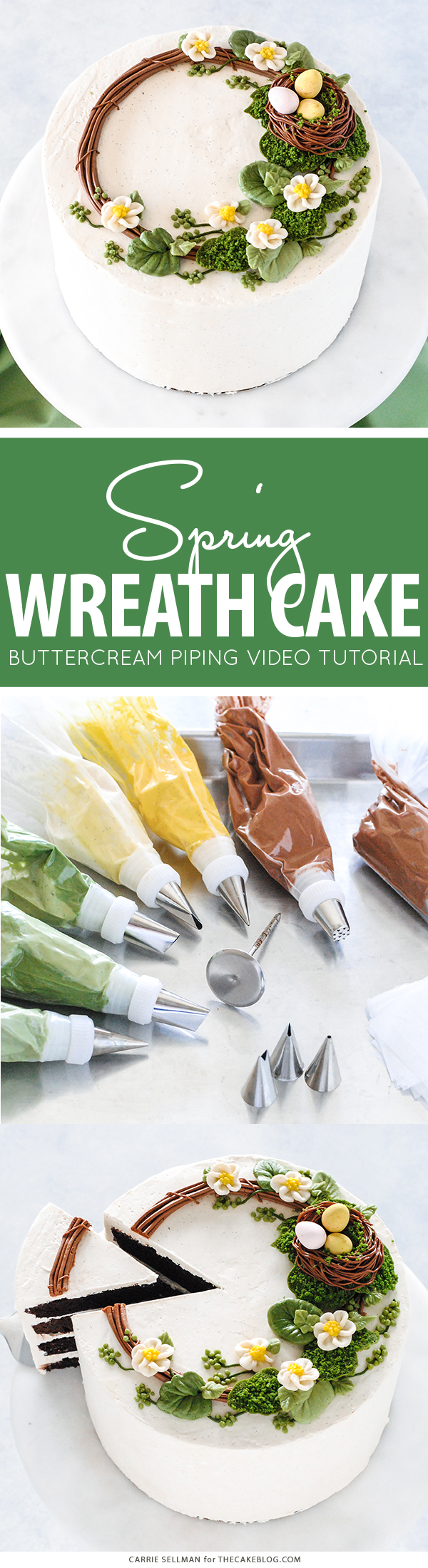 Spring Wreath Cake - how to make a buttercream wreath cake a bird's nest, cherry blossoms, green berries and cookie moss | by Carrie Sellman for TheCakeBlog.com  #easter #easterdinnerideas #mothersday #cake