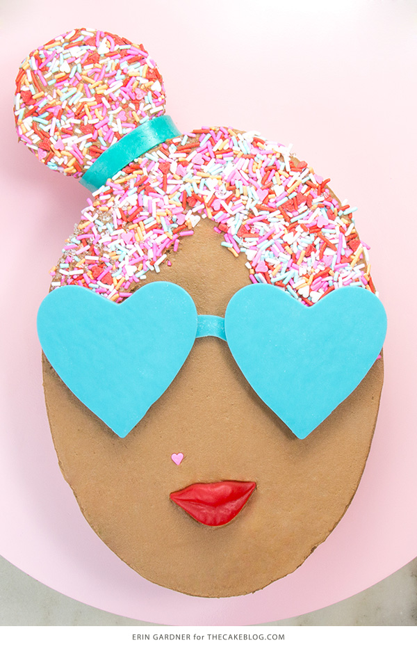 Sprinkle Girl Cake - how to make cute girly face cakes with sprinkles for the hair and chocolate heart sunglasses | by Erin Gardner for TheCakeBlog.com