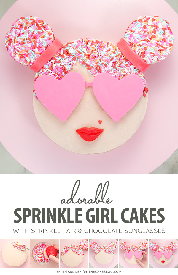 Sprinkle Girl Cake - how to make cute girly face cakes with sprinkles for the hair and chocolate heart sunglasses | by Erin Gardner for TheCakeBlog.com
