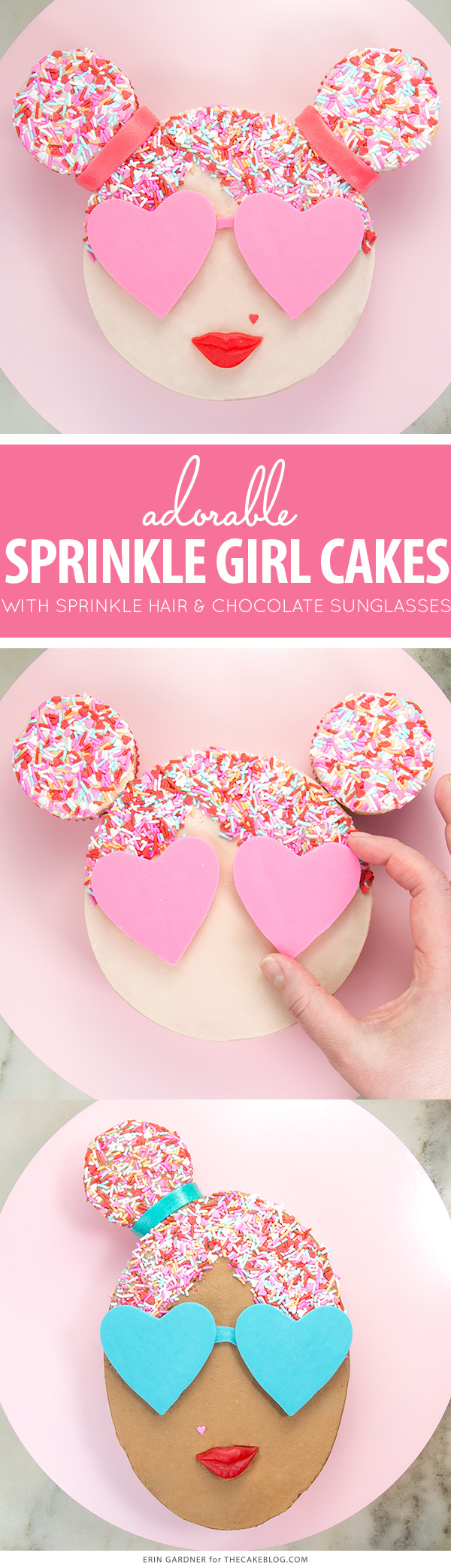 Sprinkle Girl Cake - how to make cute girly face cakes with sprinkles for the hair and chocolate heart sunglasses | by Erin Gardner for TheCakeBlog.com