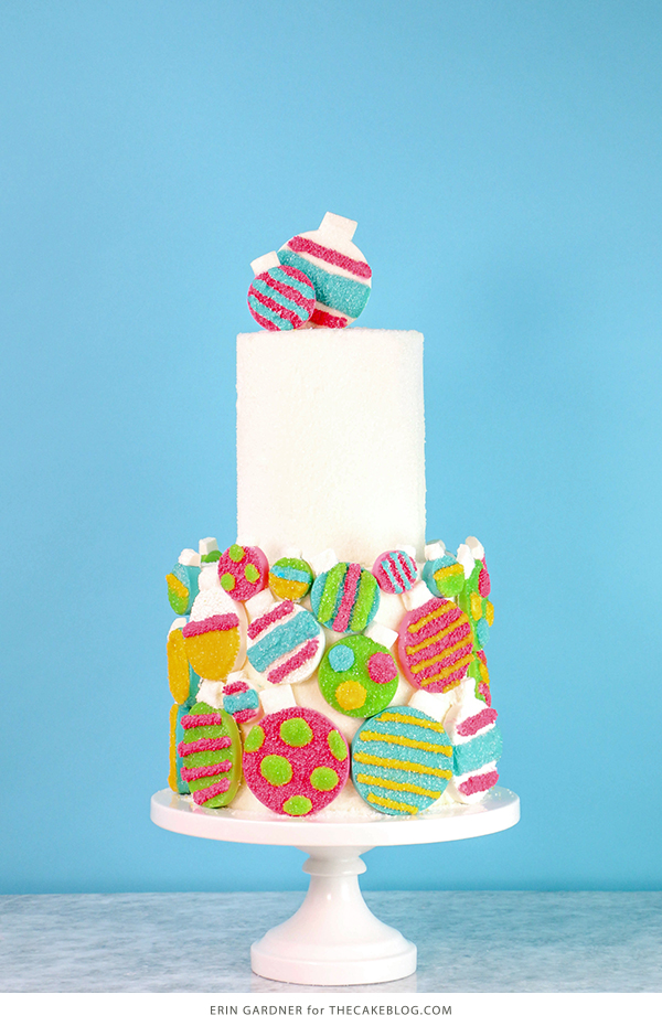 Sprinkle Ornament Cake – how to make sparkling ornaments for cakes and cupcakes using chocolate, cookie cutters and sprinkles | by Erin Gardner for TheCakeBlog.com