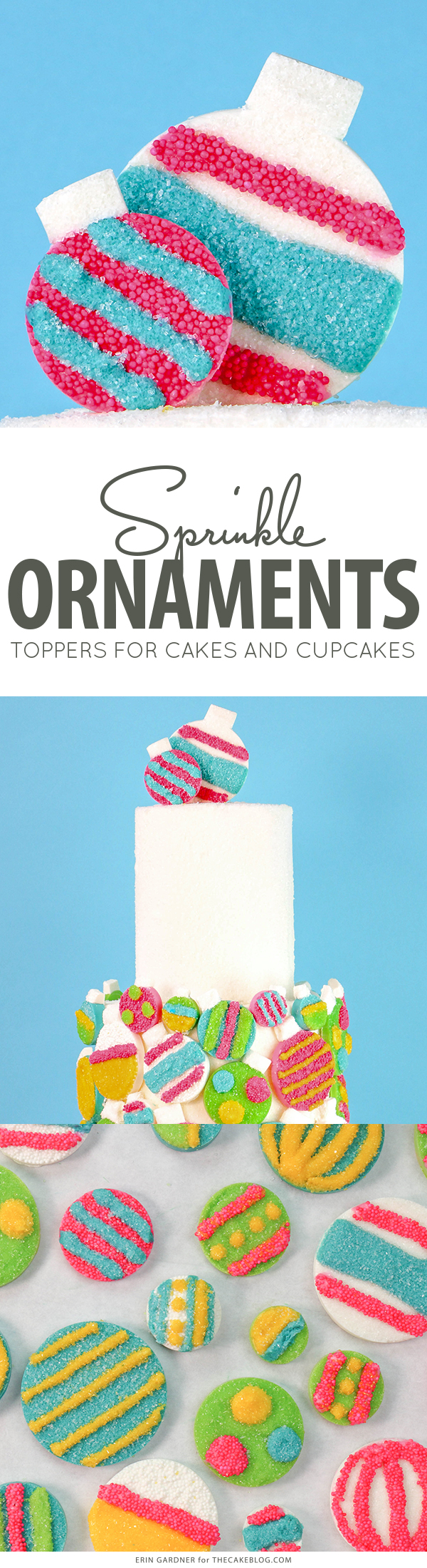 Sprinkle Ornament Cake – how to make sparkling ornaments for cakes and cupcakes using chocolate, cookie cutters and sprinkles | by Erin Gardner for TheCakeBlog.com