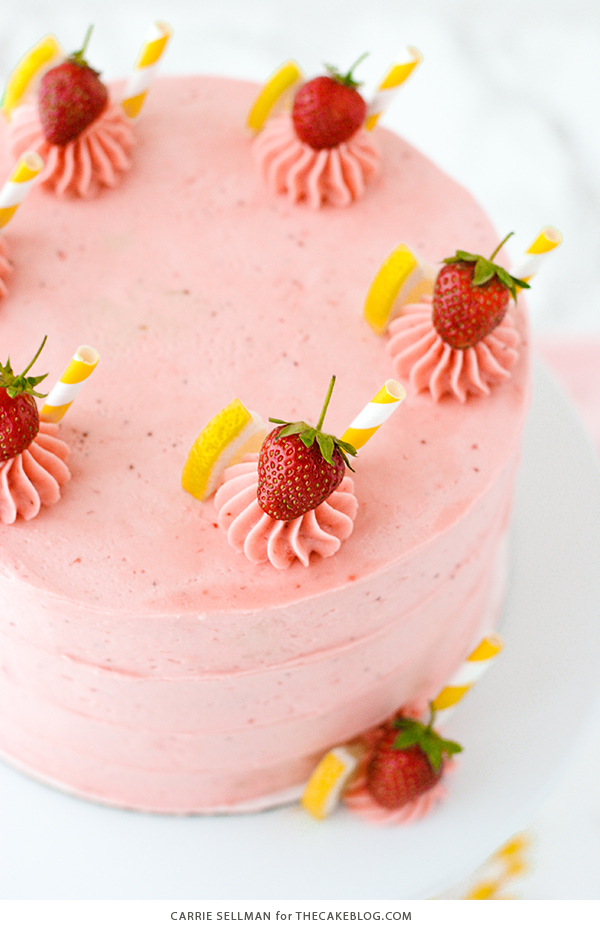 Strawberry Lemonade Cake - tender lemon cake paired with fresh strawberry buttercream | by Carrie Sellman for TheCakeBlog.com