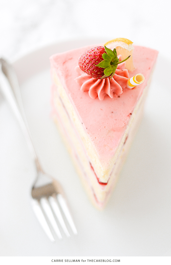 Strawberry Lemonade Cake - tender lemon cake paired with fresh strawberry buttercream | by Carrie Sellman for TheCakeBlog.com