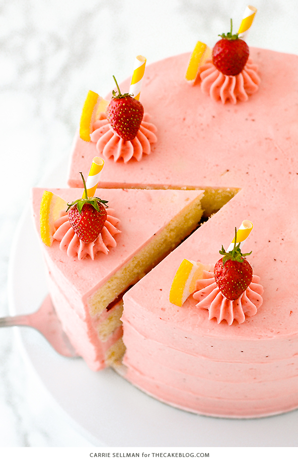Strawberry Lemonade Cake - tender lemon cake paired with fresh strawberry buttercream | by Carrie Sellman for TheCakeBlog.com