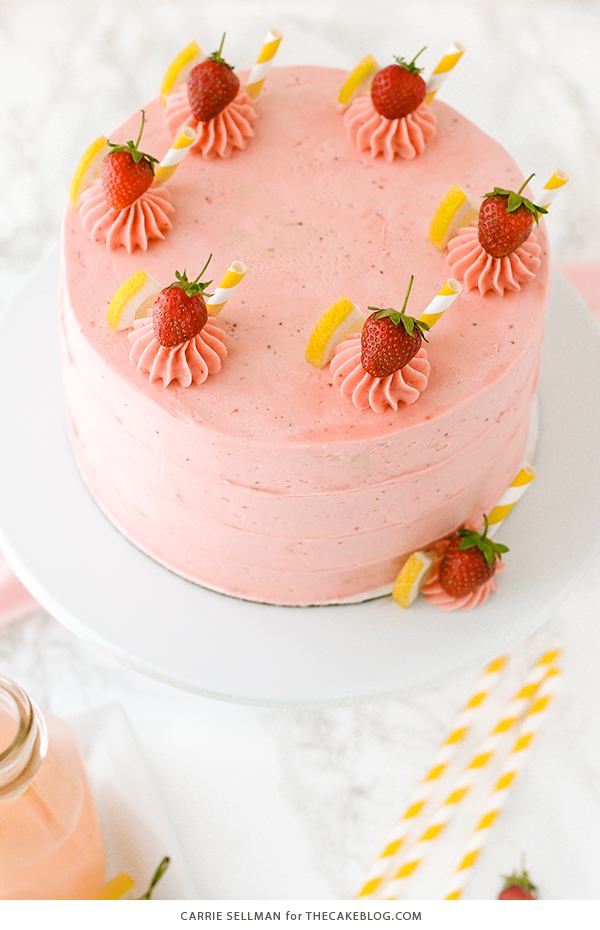 Strawberry Lemonade Cake - tender lemon cake paired with fresh strawberry buttercream | by Carrie Sellman for TheCakeBlog.com