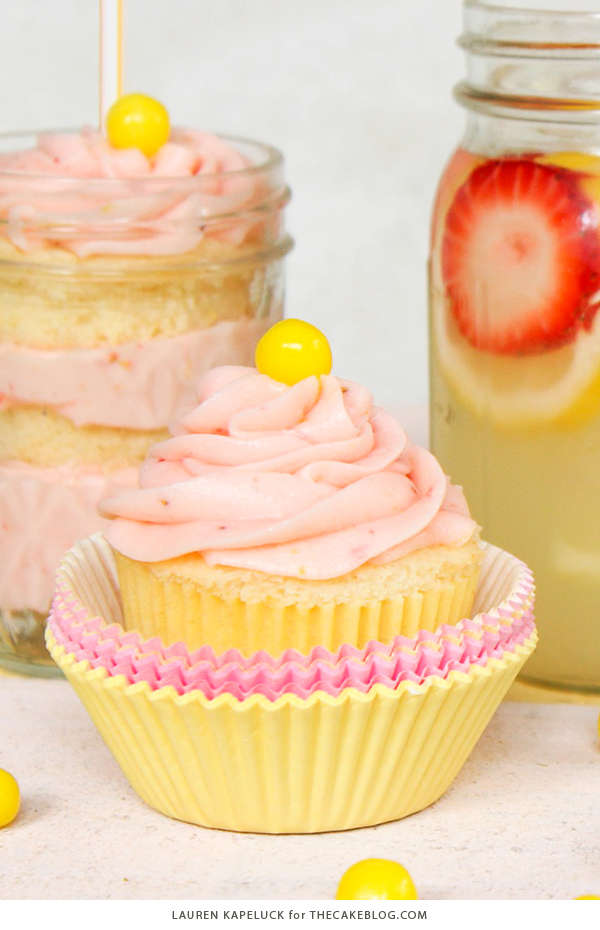 Strawberry Lemonade Cupcakes - moist lemon cupcakes paired with fresh strawberry buttercream for the perfect combination of sour and sweet | by Lauren Kapeluck for TheCakeBlog.com