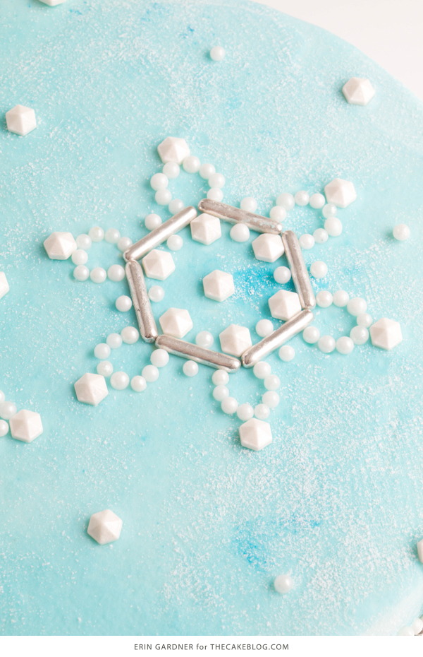 Sueded Buttercream Cake with Sprinkle Snowflakes | by Erin Gardner for TheCakeBlog.com #cake #winter #christmas #christmasdessert