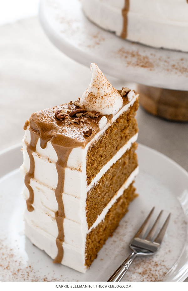 Sweet Potato Cake with marshmallow frosting, drippy maple glaze, chopped pecans and cinnamon | by Carrie Sellman for TheCakeBlog.com