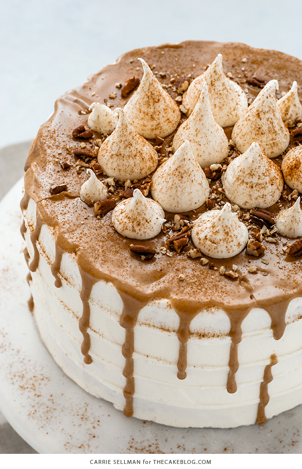 Sweet Potato Cake with marshmallow frosting, drippy maple glaze, chopped pecans and cinnamon | by Carrie Sellman for TheCakeBlog.com