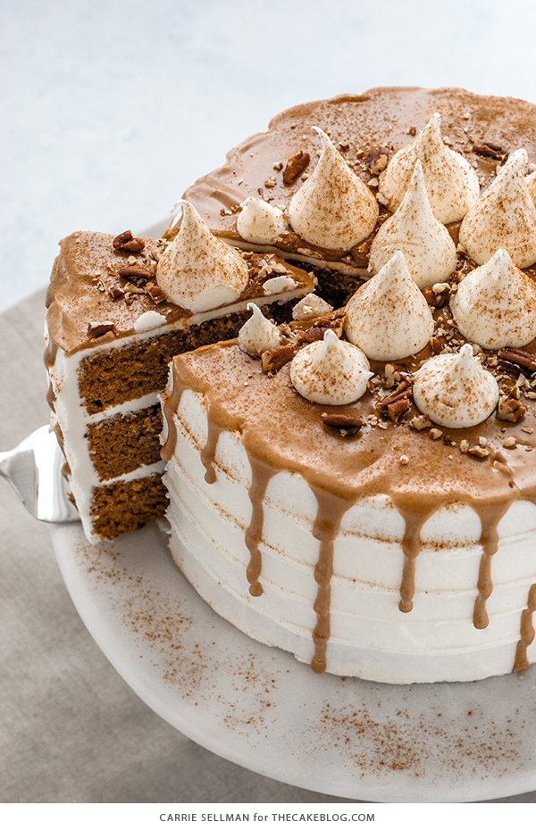 Sweet Potato Cake with marshmallow frosting, drippy maple glaze, chopped pecans and cinnamon | by Carrie Sellman for TheCakeBlog.com