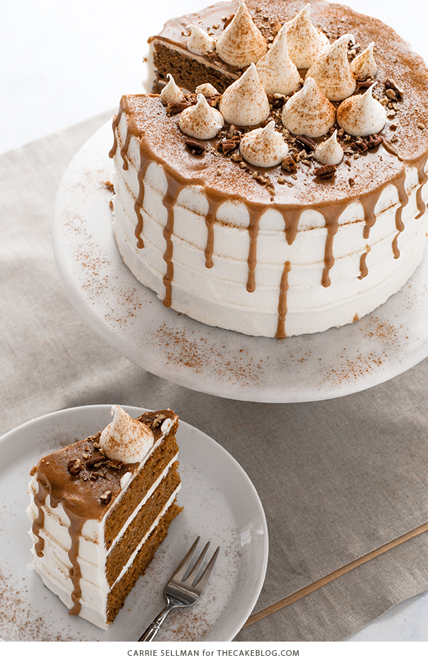 Sweet Potato Cake with marshmallow frosting, drippy maple glaze, chopped pecans and cinnamon | by Carrie Sellman for TheCakeBlog.com