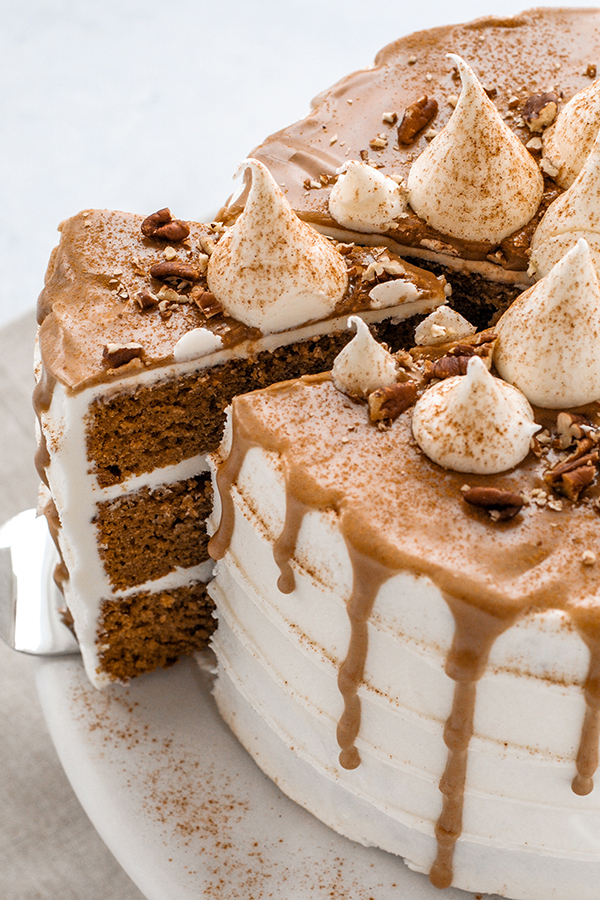 Sweet Potato Cake with marshmallow frosting, maple drip glaze, pecans and cinnamon | by Carrie Sellman for TheCakeBlog.com