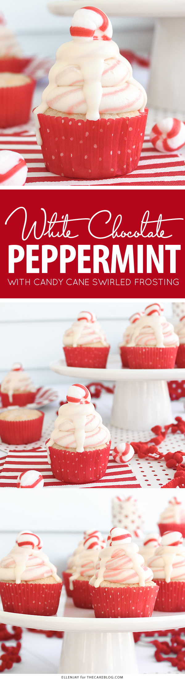 White Chocolate Peppermint Cupcakes - delicious white cake speckled with candy canes, topped with red and white swirled buttercream and white chocolate ganache | by ellenJAY for TheCakeBlog.com